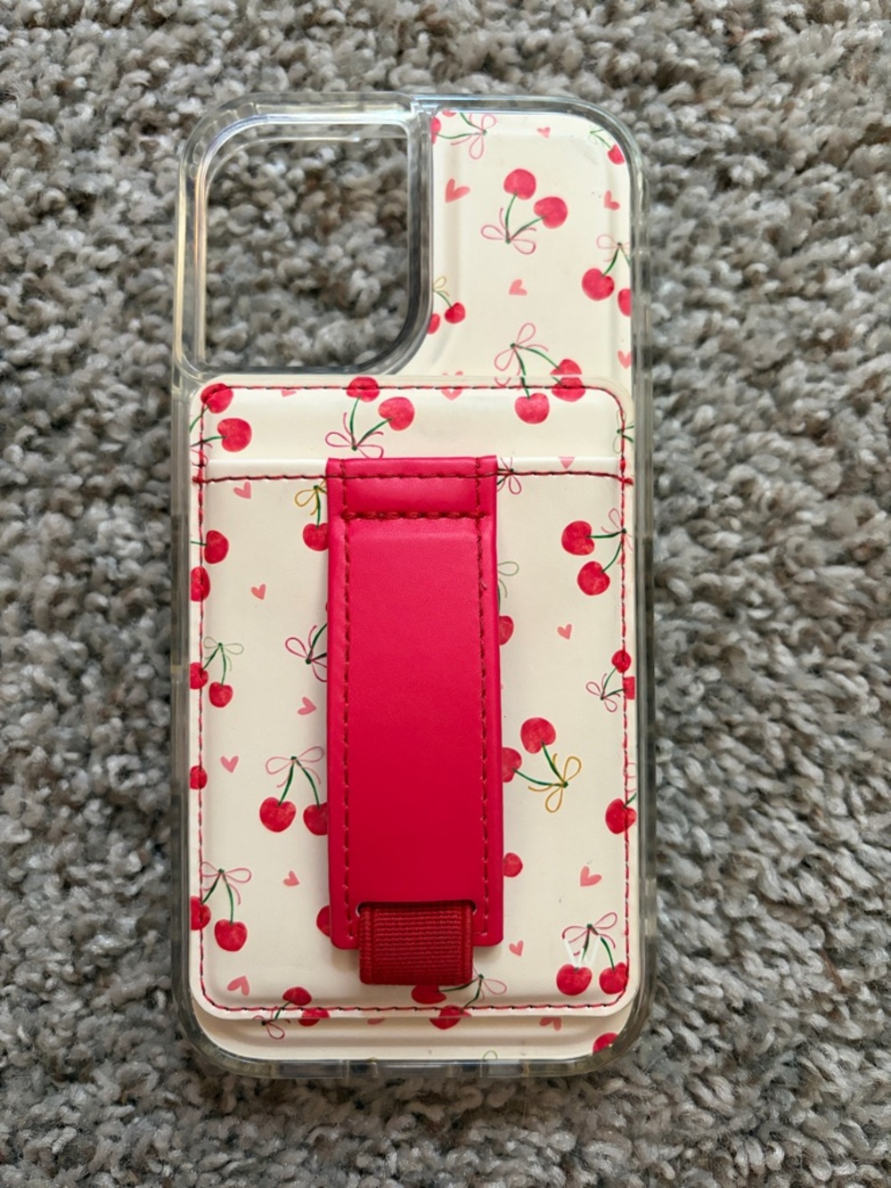 Cherry Print Phone Card Holder Case with Pink Strap iPhone 17 MagSafe Walli Case